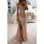 Women's Off-Shoulder Sequin Maxi Dress Side Slit Bodycon Formal Evening Gown Prom Wedding Guest - Victrafia