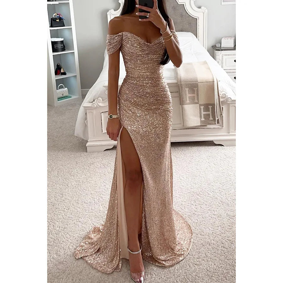Women's Off-Shoulder Sequin Maxi Dress Side Slit Bodycon Formal Evening Gown Prom Wedding Guest - Victrafia