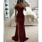Women's Off-Shoulder Sequin Maxi Dress Side Slit Bodycon Formal Evening Gown Prom Wedding Guest - Victrafia
