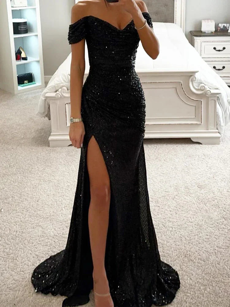 Women's Off-Shoulder Sequin Maxi Dress Side Slit Bodycon Formal Evening Gown Prom Wedding Guest - Victrafia