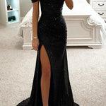 Women's Off-Shoulder Sequin Maxi Dress Side Slit Bodycon Formal Evening Gown Prom Wedding Guest - Victrafia