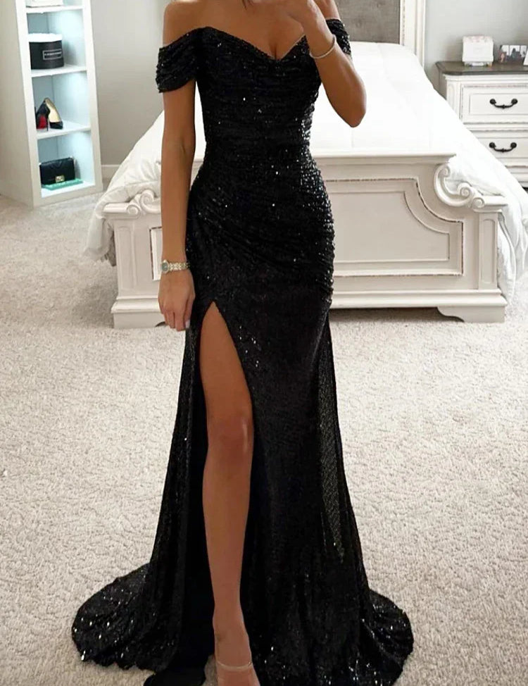 Women's Off-Shoulder Sequin Maxi Dress Side Slit Bodycon Formal Evening Gown Prom Wedding Guest - Victrafia