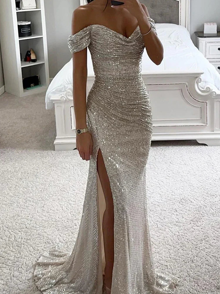 Women's Off-Shoulder Sequin Maxi Dress Side Slit Bodycon Formal Evening Gown Prom Wedding Guest - Victrafia