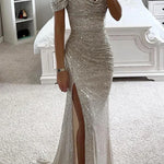 Women's Off-Shoulder Sequin Maxi Dress Side Slit Bodycon Formal Evening Gown Prom Wedding Guest - Victrafia