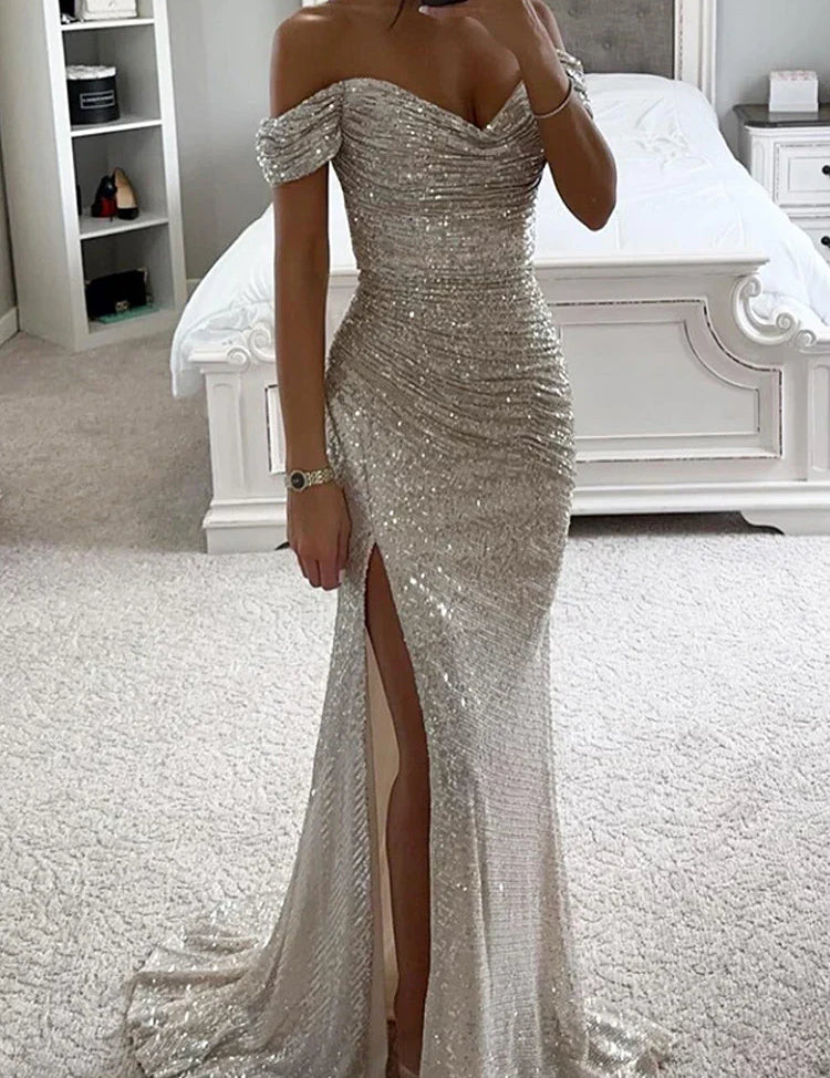 Women's Off-Shoulder Sequin Maxi Dress Side Slit Bodycon Formal Evening Gown Prom Wedding Guest - Victrafia