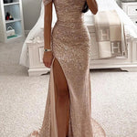 Women's Off-Shoulder Sequin Maxi Dress Side Slit Bodycon Formal Evening Gown Prom Wedding Guest - Victrafia