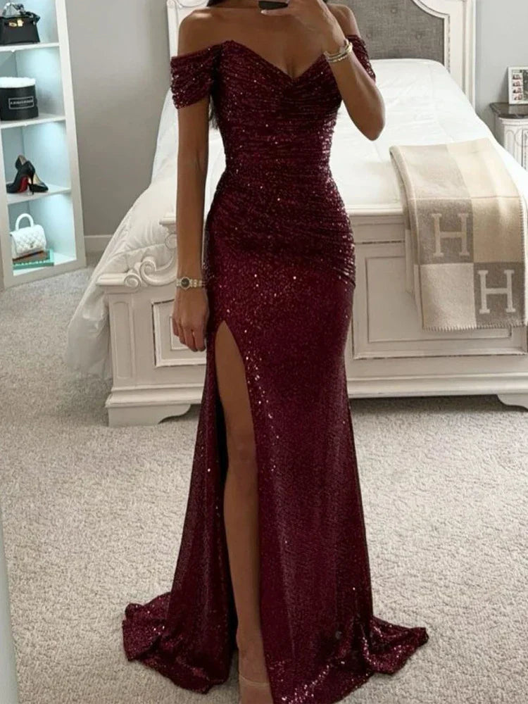 Women's Off-Shoulder Sequin Maxi Dress Side Slit Bodycon Formal Evening Gown Prom Wedding Guest - Victrafia