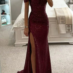 Women's Off-Shoulder Sequin Maxi Dress Side Slit Bodycon Formal Evening Gown Prom Wedding Guest - Victrafia