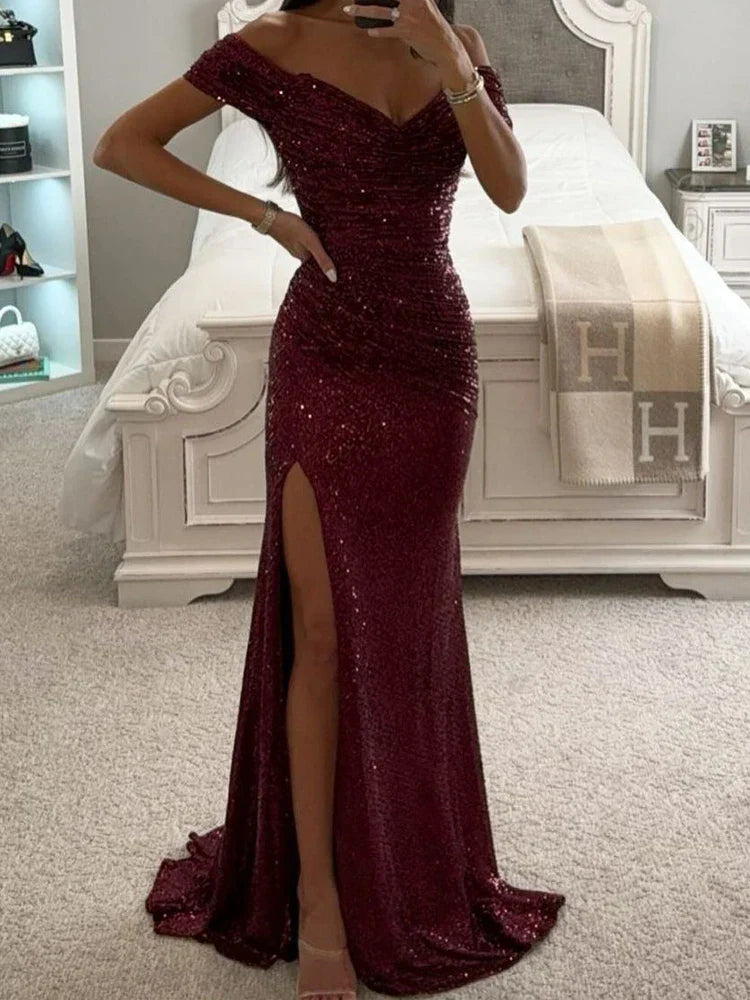 Women's Off-Shoulder Sequin Maxi Dress Side Slit Bodycon Formal Evening Gown Prom Wedding Guest - Victrafia