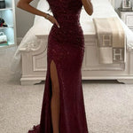 Women's Off-Shoulder Sequin Maxi Dress Side Slit Bodycon Formal Evening Gown Prom Wedding Guest - Victrafia
