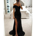 Women's Off-Shoulder Sequin Maxi Dress Side Slit Bodycon Formal Evening Gown Prom Wedding Guest - Victrafia