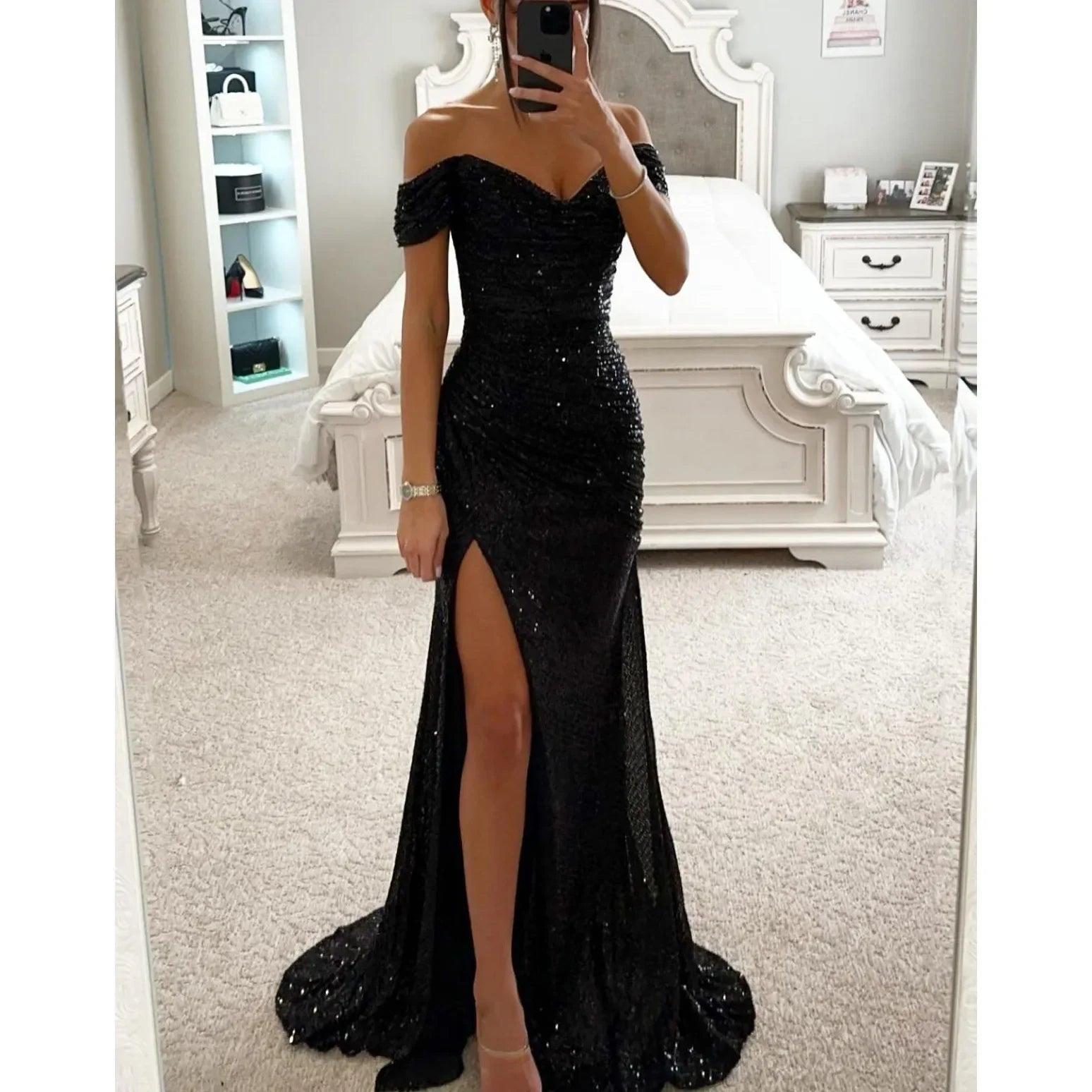 Women's Off-Shoulder Sequin Maxi Dress Side Slit Bodycon Formal Evening Gown Prom Wedding Guest - Victrafia