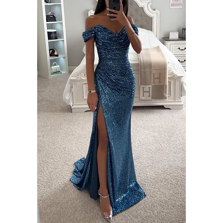 Women's Off-Shoulder Sequin Maxi Dress Side Slit Bodycon Formal Evening Gown Prom Wedding Guest - Victrafia
