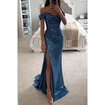 Women's Off-Shoulder Sequin Maxi Dress Side Slit Bodycon Formal Evening Gown Prom Wedding Guest - Victrafia