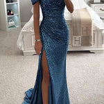 Women's Off-Shoulder Sequin Maxi Dress Side Slit Bodycon Formal Evening Gown Prom Wedding Guest - Victrafia