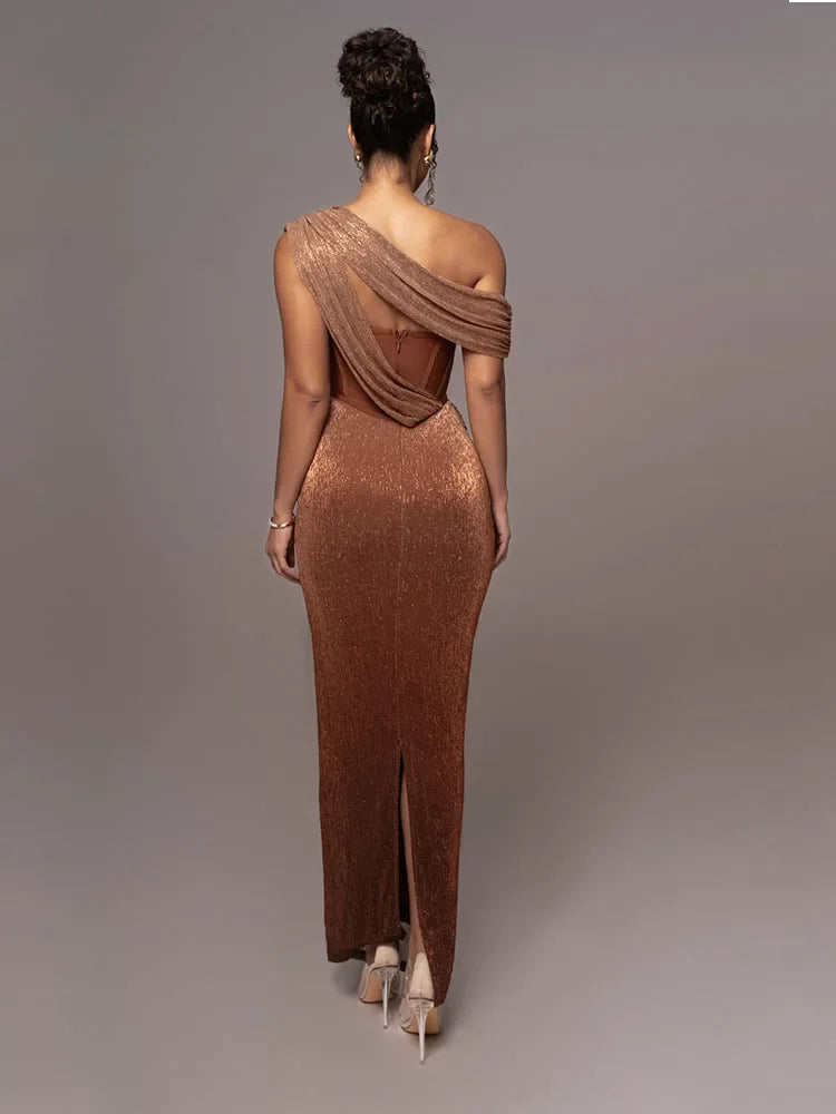 Women's One-Shoulder Bodycon Maxi Dress Draped Formal Evening Gown Wedding Gala - Victrafia