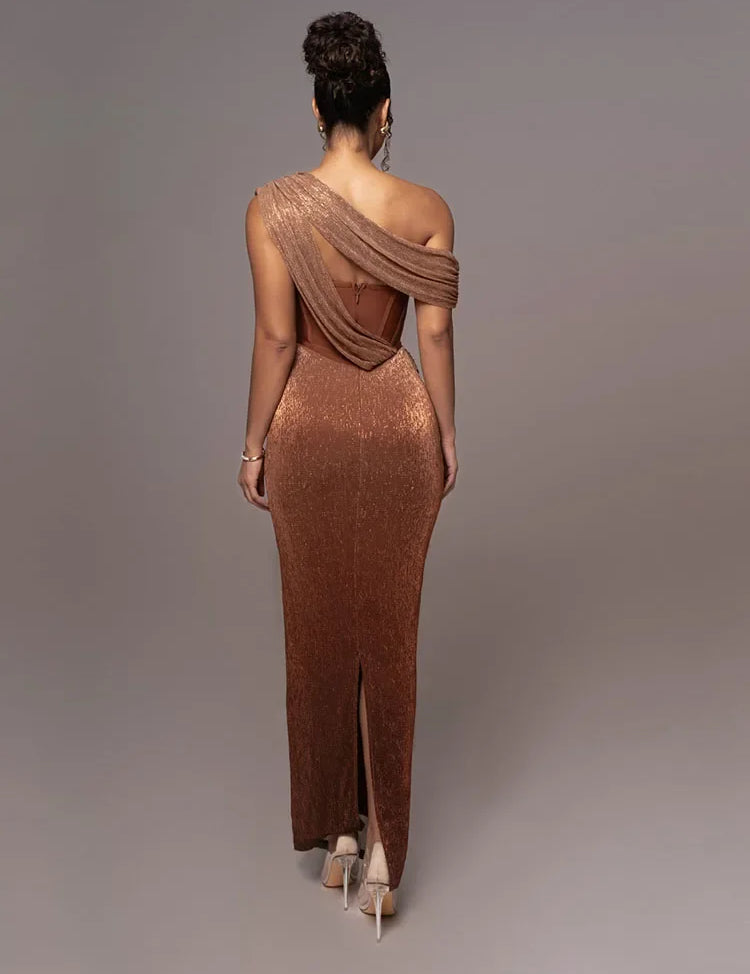 Women's One-Shoulder Bodycon Maxi Dress Draped Formal Evening Gown Wedding Gala - Victrafia