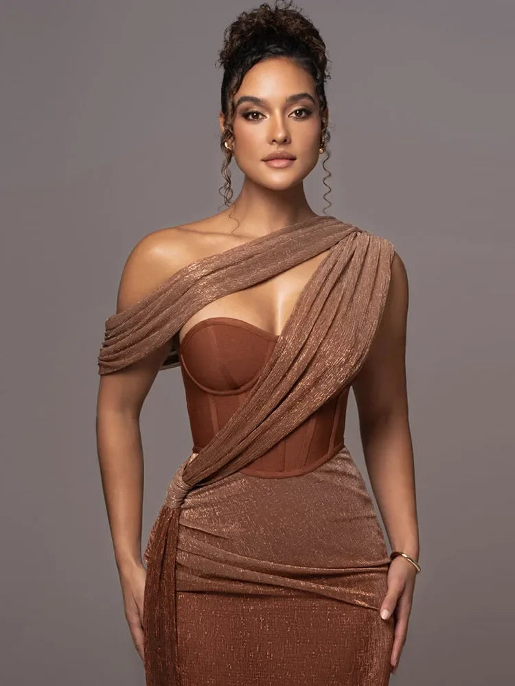 Women's One-Shoulder Bodycon Maxi Dress Draped Formal Evening Gown Wedding Gala - Victrafia