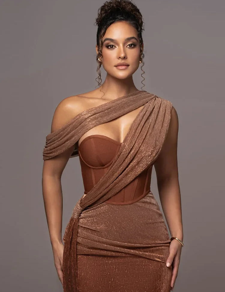 Women's One-Shoulder Bodycon Maxi Dress Draped Formal Evening Gown Wedding Gala - Victrafia