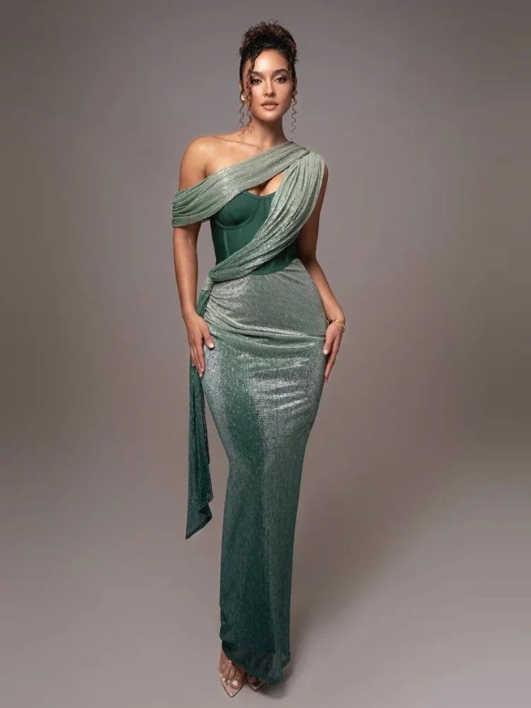Women's One-Shoulder Bodycon Maxi Dress Draped Formal Evening Gown Wedding Gala - Victrafia
