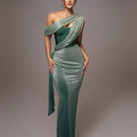 Women's One-Shoulder Bodycon Maxi Dress Draped Formal Evening Gown Wedding Gala - Victrafia