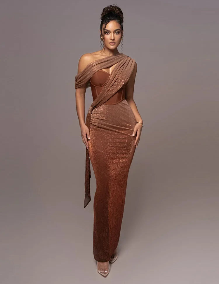 Women's One-Shoulder Bodycon Maxi Dress Draped Formal Evening Gown Wedding Gala - Victrafia