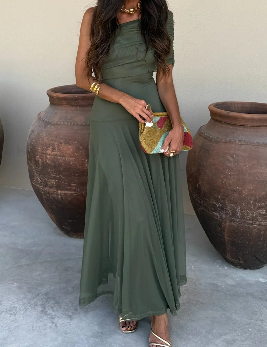 Women's One-Shoulder Maxi Dress Draped Bodice Formal Wedding Guest Evening Gown - Victrafia