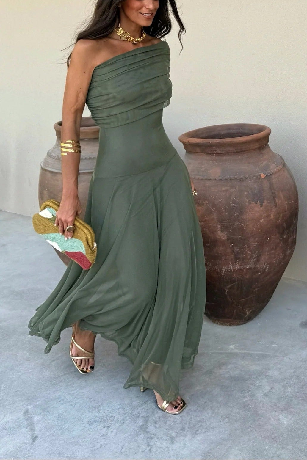 Women's One-Shoulder Maxi Dress Draped Bodice Formal Wedding Guest Evening Gown - Victrafia