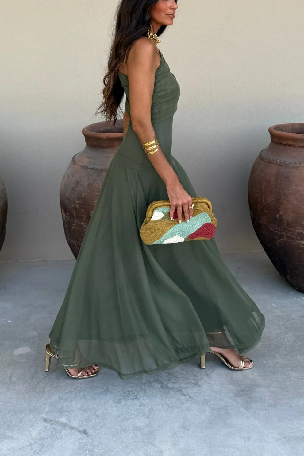 Women's One-Shoulder Maxi Dress Draped Bodice Formal Wedding Guest Evening Gown - Victrafia