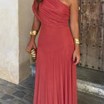Women's One-Shoulder Maxi Dress Draped Bodice Formal Wedding Guest Evening Gown - Victrafia