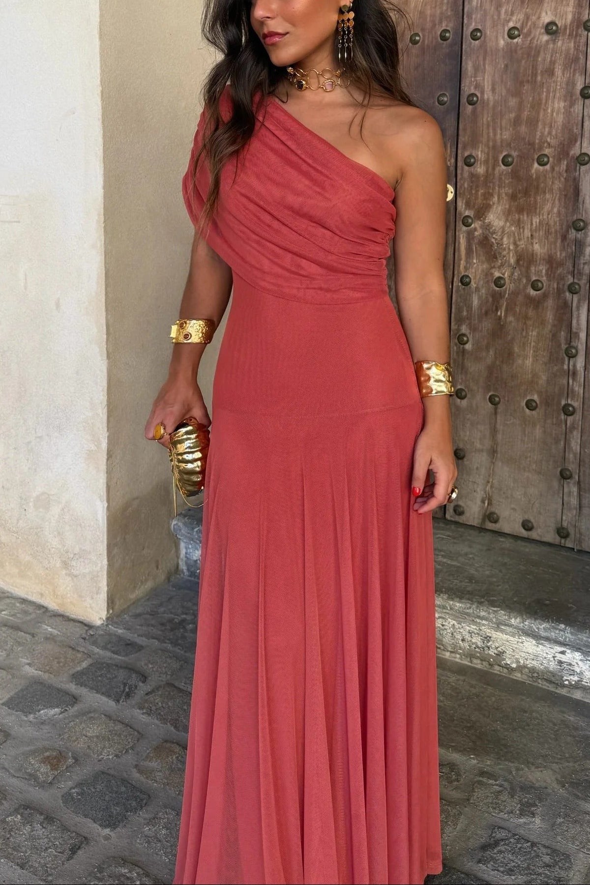 Women's One-Shoulder Maxi Dress Draped Bodice Formal Wedding Guest Evening Gown - Victrafia