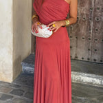 Women's One-Shoulder Maxi Dress Draped Bodice Formal Wedding Guest Evening Gown - Victrafia