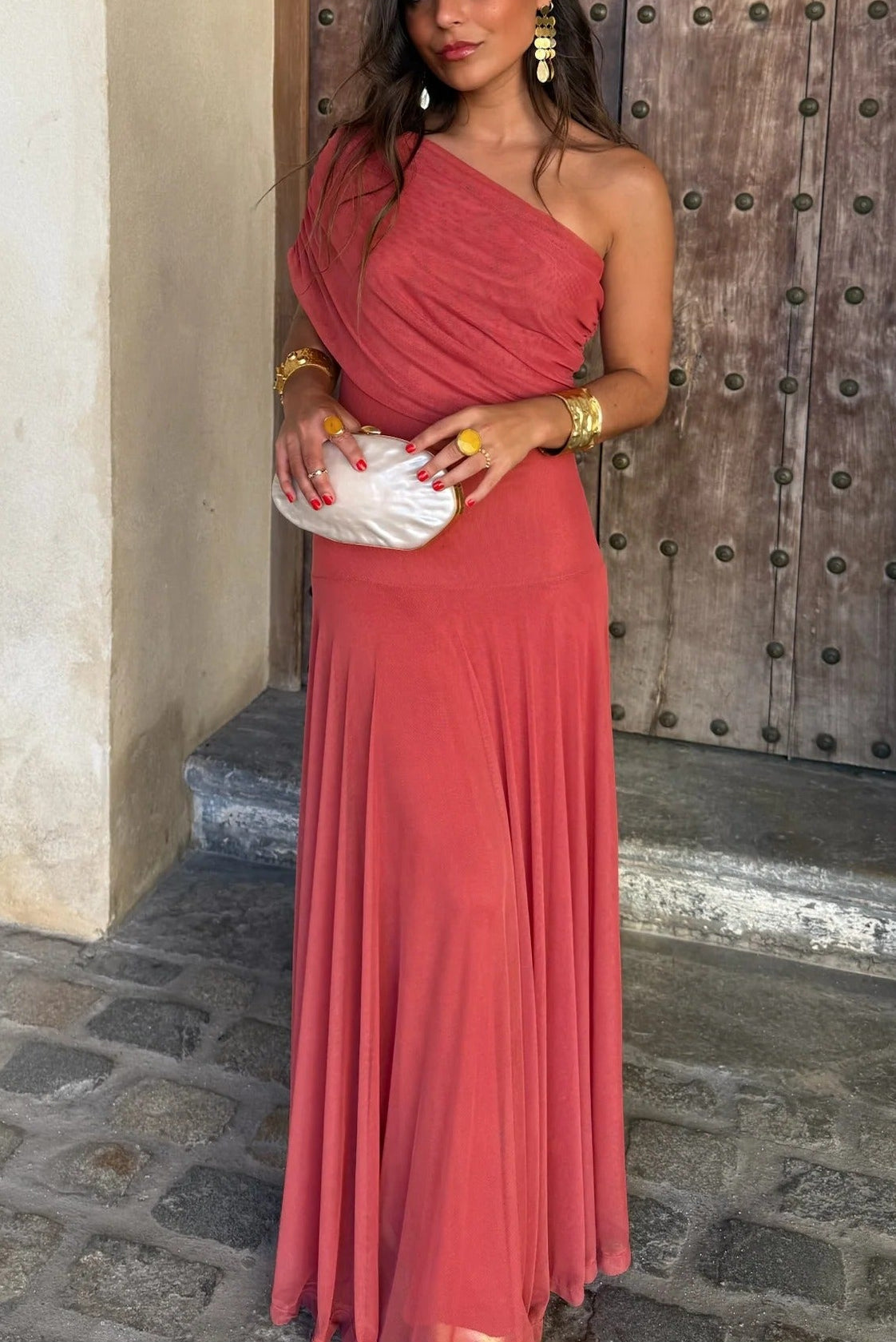 Women's One-Shoulder Maxi Dress Draped Bodice Formal Wedding Guest Evening Gown - Victrafia
