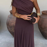Women's One-Shoulder Maxi Dress Draped Bodice Formal Wedding Guest Evening Gown - Victrafia