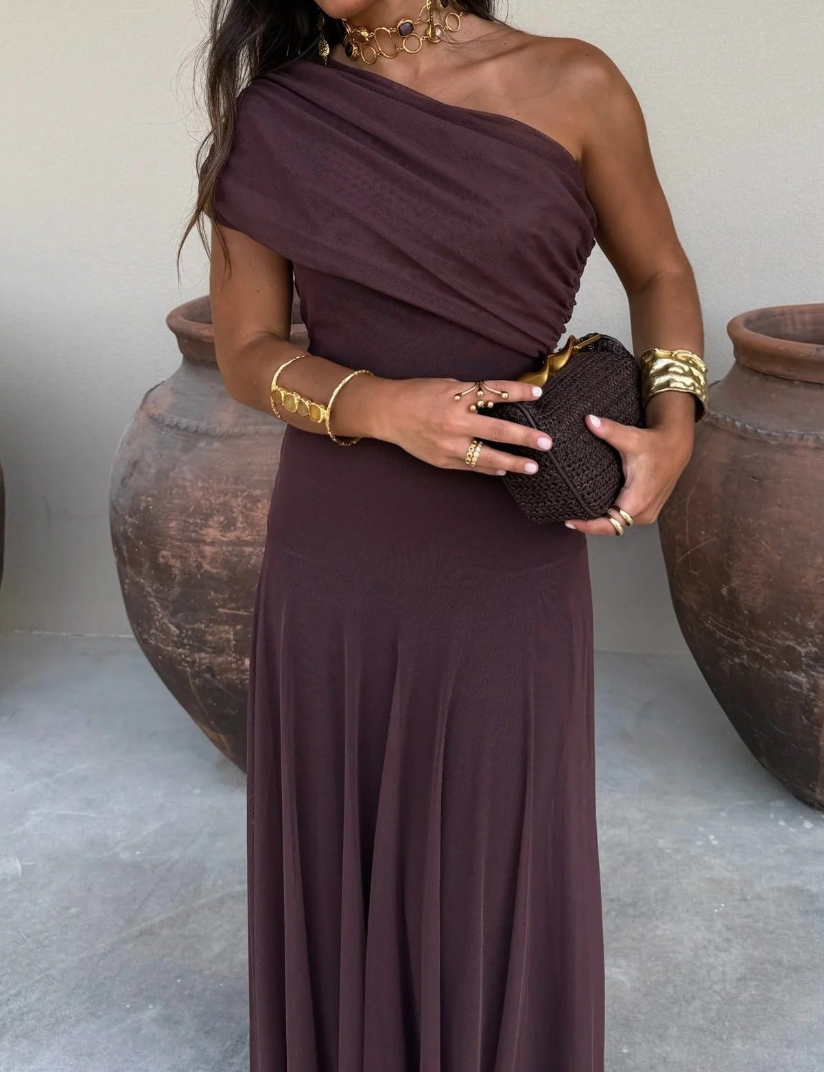 Women's One-Shoulder Maxi Dress Draped Bodice Formal Wedding Guest Evening Gown - Victrafia