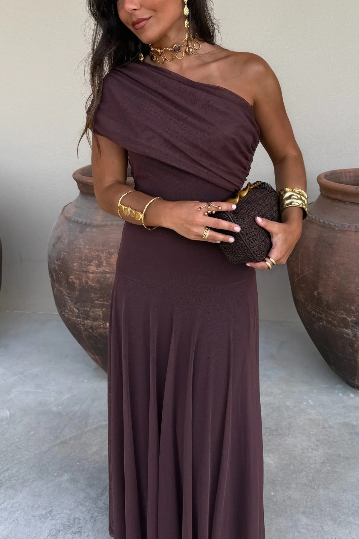 Women's One-Shoulder Maxi Dress Draped Bodice Formal Wedding Guest Evening Gown - Victrafia