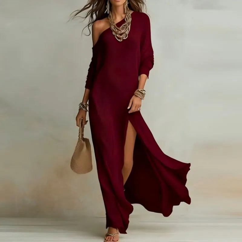 Women's One-Shoulder Maxi Dress Long Sleeve Side Slit Bohemian Evening Holiday - Victrafia