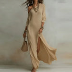 Women's One-Shoulder Maxi Dress Long Sleeve Side Slit Bohemian Evening Holiday - Victrafia