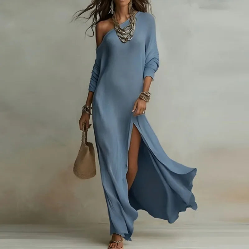 Women's One-Shoulder Maxi Dress Long Sleeve Side Slit Bohemian Evening Holiday - Victrafia