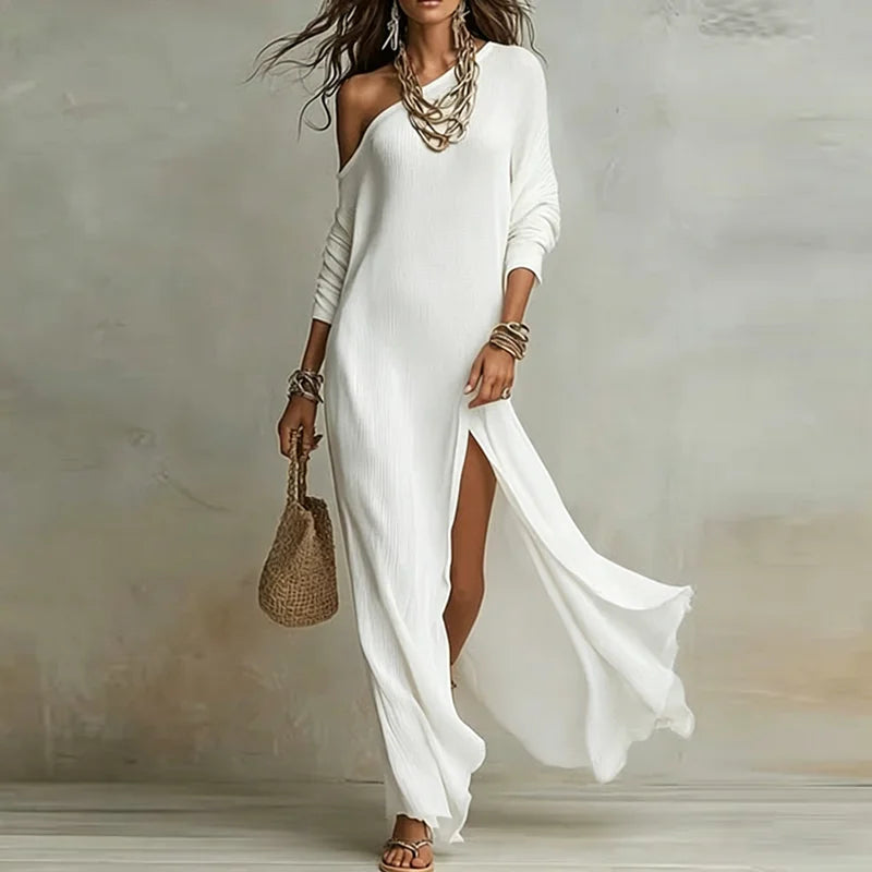 Women's One-Shoulder Maxi Dress Long Sleeve Side Slit Bohemian Evening Holiday - Victrafia