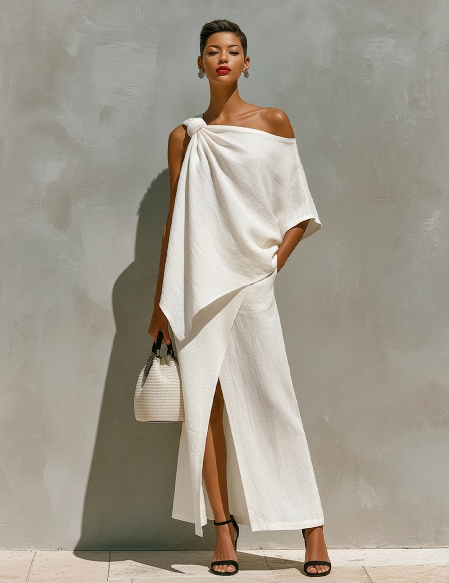 Women's One-Shoulder Maxi Set Knot Detail Front Slit Resort Two-Piece Outfit - Victrafia