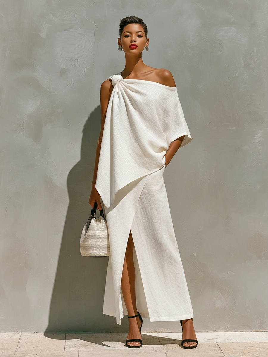 Women's One-Shoulder Maxi Set Knot Detail Front Slit Resort Two-Piece Outfit - Victrafia