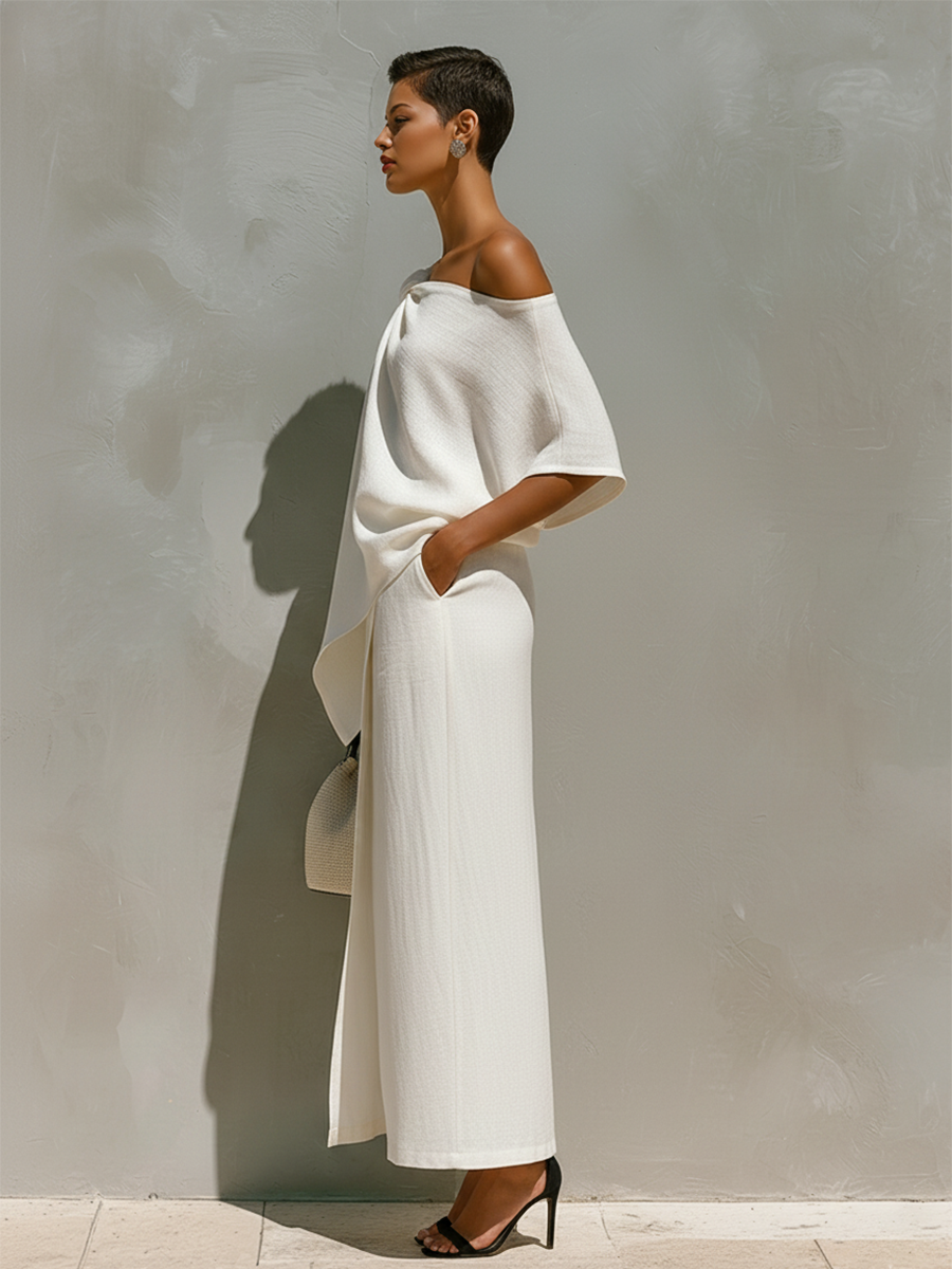 Women's One-Shoulder Maxi Set Knot Detail Front Slit Resort Two-Piece Outfit - Victrafia