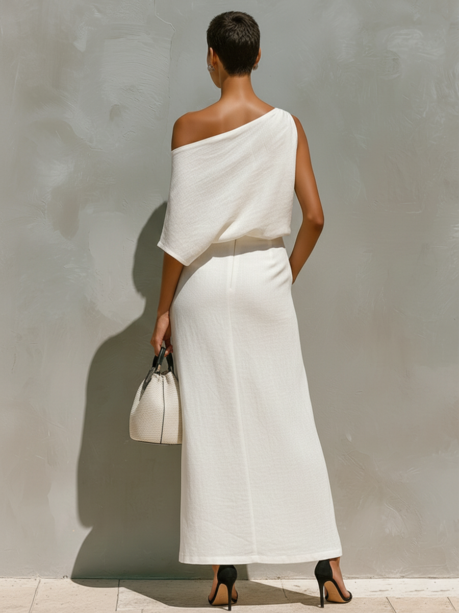 Women's One-Shoulder Maxi Set Knot Detail Front Slit Resort Two-Piece Outfit - Victrafia