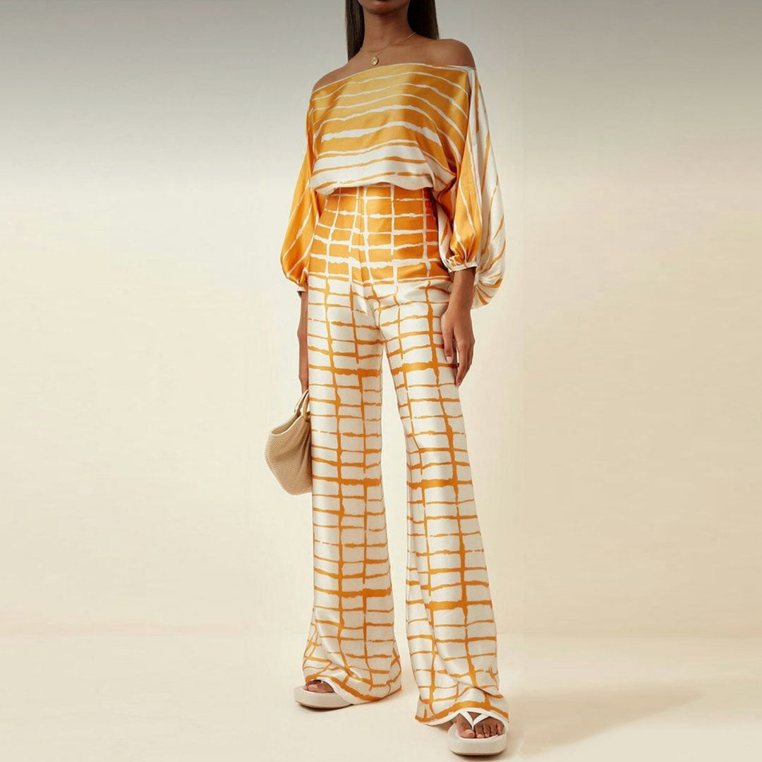 Women's One-Shoulder Two-Piece Set Printed Flowy Top Wide-Leg Pants Vacation Summer Outfit - Victrafia