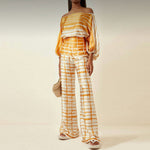 Women's One-Shoulder Two-Piece Set Printed Flowy Top Wide-Leg Pants Vacation Summer Outfit - Victrafia