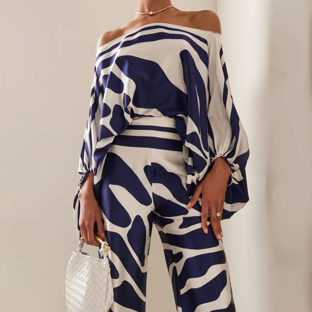 Women's One-Shoulder Two-Piece Set Printed Flowy Top Wide-Leg Pants Vacation Summer Outfit - Victrafia