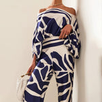 Women's One-Shoulder Two-Piece Set Printed Flowy Top Wide-Leg Pants Vacation Summer Outfit - Victrafia
