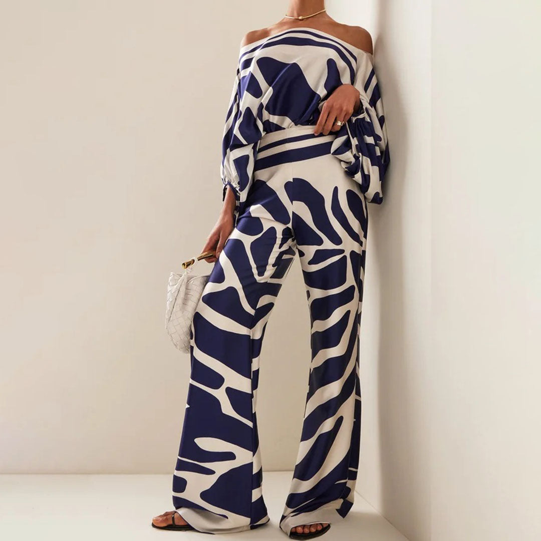 Women's One-Shoulder Two-Piece Set Printed Flowy Top Wide-Leg Pants Vacation Summer Outfit - Victrafia