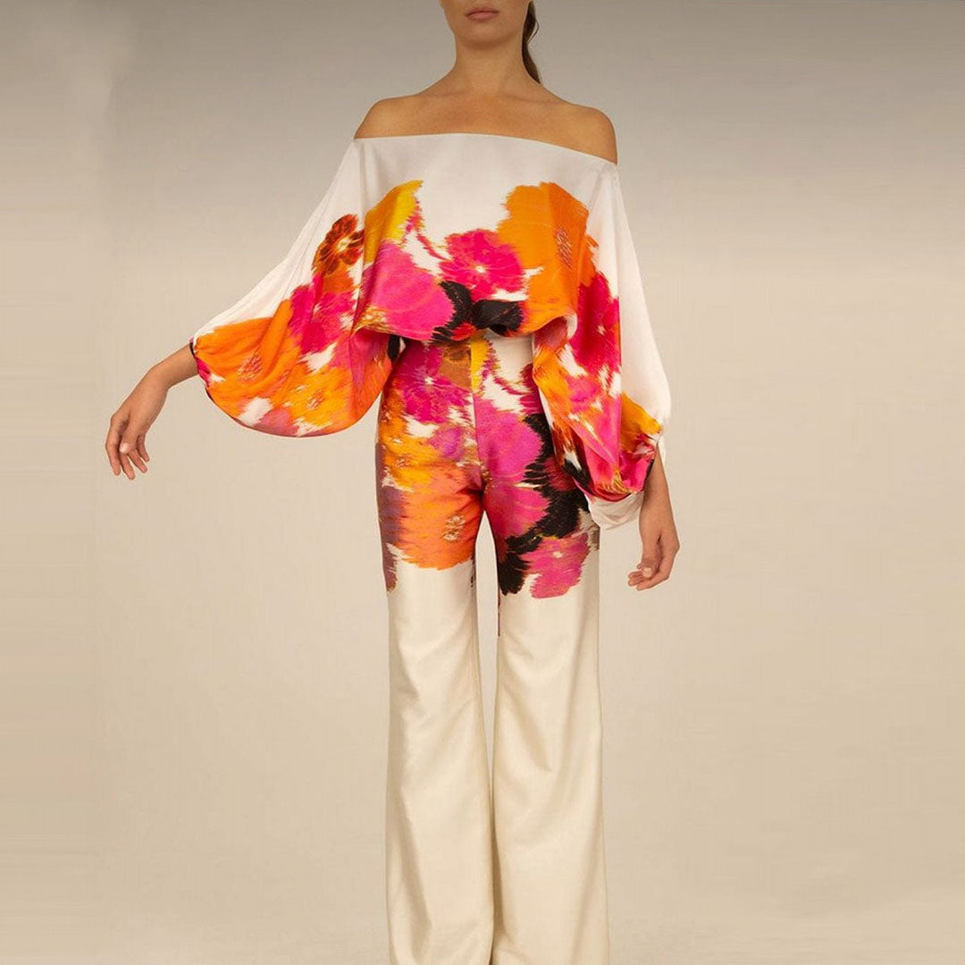 Women's One-Shoulder Two-Piece Set Printed Flowy Top Wide-Leg Pants Vacation Summer Outfit - Victrafia